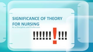 SIGNIFICANCE OF THEORY 
FOR NURSING 
As a Discipline and Profession 
 