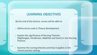 By the end of the lecture, nurses will be able to:
 Define terms used in Theory Development.
 Explain the significance of Nursing Theories
(Nightingale, Henderson, Abdellah and Orem) in the Nursing
Practice.
 Examine the nursing theories and how it applies in the
clinical practice setting.
LEARNING OBJECTIVES
 