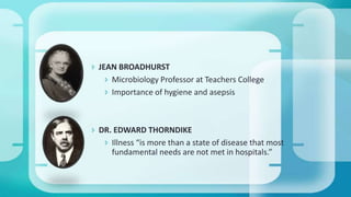 JEAN BROADHURST
 Microbiology Professor at Teachers College
 Importance of hygiene and asepsis
 DR. EDWARD THORNDIKE
 Illness “is more than a state of disease that most
fundamental needs are not met in hospitals.”
 