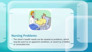 Nursing Problems
 The client’s health needs can be viewed as problems, which
may be overt as an apparent condition, or covert as a hidden
or concealed one.
 