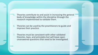 5. Theories contribute to and assist in increasing the general
body of knowledge within the discipline through the
research implemented to validate them.
6. Theories can be used by the practitioners to guide and
improve their practice.
7. Theories must be consistent with other validated
theories, laws, and principles but will leave open
unanswered questions that need to be investigated.
 