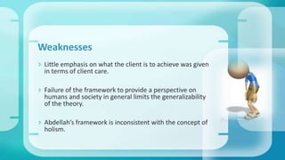 Weaknesses
 Little emphasis on what the client is to achieve was given
in terms of client care.
 Failure of the framework to provide a perspective on
humans and society in general limits the generalizability
of the theory.
 Abdellah’s framework is inconsistent with the concept of
holism.
 