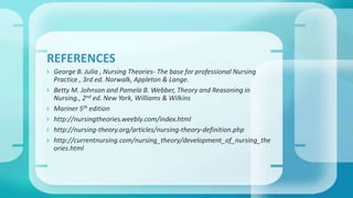  George B. Julia , Nursing Theories- The base for professional Nursing
Practice , 3rd ed. Norwalk, Appleton & Lange.
 Betty M. Johnson and Pamela B. Webber, Theory and Reasoning in
Nursing., 2nd ed. New York, Williams & Wilkins
 Mariner 5th edition
 http://nursingtheories.weebly.com/index.html
 http://nursing-theory.org/articles/nursing-theory-definition.php
 http://currentnursing.com/nursing_theory/development_of_nursing_the
ories.html
REFERENCES
 
