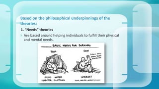 1. “Needs” theories
 Are based around helping individuals to fulfill their physical
and mental needs.
Based on the philosophical underpinnings of the
theories:
 