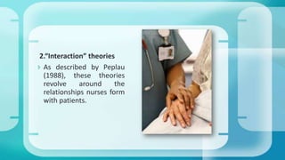 2.“Interaction” theories
 As described by Peplau
(1988), these theories
revolve around the
relationships nurses form
with patients.
 