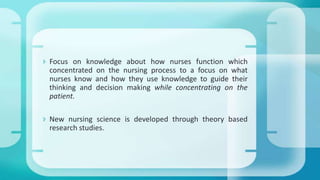  aims to describe, predict and explain the phenomenon of
nursing (Chinn and Jacobs1978).
 provides the foundations of nu...