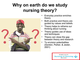 Why on earth do we study
nursing theory?
• Everyday practice enriches
theory
• Both practice and theory are
guided by values and beliefs
• Theory helps to reframe our
thinking about nursing
• Theory guides use of ideas
and techniques
• Theory can close the gap
between theory and research
• To envision potentialities
(Gordon, Parker, & Jester,
2001)
 
