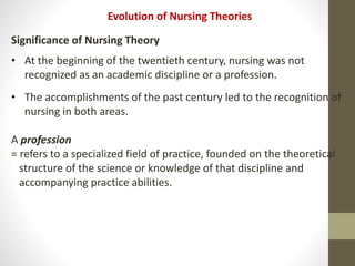 Evolution of Nursing Theories
Significance of Nursing Theory
• At the beginning of the twentieth century, nursing was not
recognized as an academic discipline or a profession.
• The accomplishments of the past century led to the recognition of
nursing in both areas.
A profession
= refers to a specialized field of practice, founded on the theoretical
structure of the science or knowledge of that discipline and
accompanying practice abilities.
 