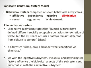 Johnson’s Behavioral System Model
• Behavioral system composed of seven behavioral subsystems:
= affiliative dependency ingestive eliminative
= sexual aggressive achievement.
Eliminative subsystem
• Eliminative subsystem states that “human cultures have
defined different socially acceptable behaviors for excretion of
waste, but the existence of such a pattern remains different
from culture to culture.” (siege)
• It addresses “when, how, and under what conditions we
eliminate.”
• As with the ingestive subsystem, the social and psychological
factors influence the biological aspects of this subsystem and
may conflict with the eliminative subsystem.
 
