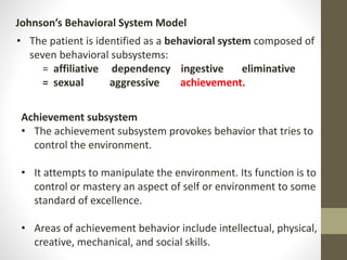 Johnson’s Behavioral System Model
• The patient is identified as a behavioral system composed of
seven behavioral subsystems:
= affiliative dependency ingestive eliminative
= sexual aggressive achievement.
Achievement subsystem
• The achievement subsystem provokes behavior that tries to
control the environment.
• It attempts to manipulate the environment. Its function is to
control or mastery an aspect of self or environment to some
standard of excellence.
• Areas of achievement behavior include intellectual, physical,
creative, mechanical, and social skills.
 