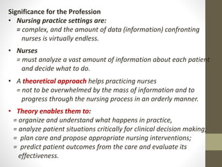 Significance for the Profession
• Nursing practice settings are:
= complex, and the amount of data (information) confronting
nurses is virtually endless.
• Nurses
= must analyze a vast amount of information about each patient
and decide what to do.
• A theoretical approach helps practicing nurses
= not to be overwhelmed by the mass of information and to
progress through the nursing process in an orderly manner.
• Theory enables them to:
= organize and understand what happens in practice,
= analyze patient situations critically for clinical decision making;
= plan care and propose appropriate nursing interventions;
= predict patient outcomes from the care and evaluate its
effectiveness.
 