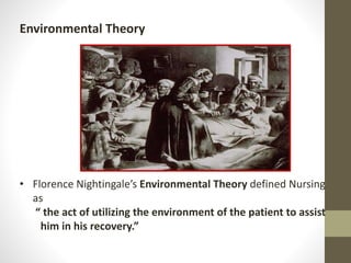 Environmental Theory
• Florence Nightingale’s Environmental Theory defined Nursing
as
“ the act of utilizing the environment of the patient to assist
him in his recovery.”
 