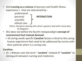 • And nursing as a science of persons and health-illness
experience = that are intervened by :
professional
personal INTERACTION
scientific
ethical care
Ethics: discipline dealing with what is good or bad with moral duty
& obligation
• She does not define the fourth metaparadigm concept of
environment but instead devised:
= 10 caring needs specific Carative factors critical to the caring
human experience that need to be addressed by nurses with
their patients when in a caring role.
Carative:
= Dr. J Watson uses the term “ carative” instead of “curative” to
distinguish between nursing and medicines
 