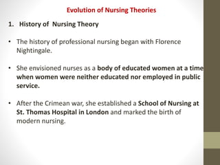 1. History of Nursing Theory
• The history of professional nursing began with Florence
Nightingale.
• She envisioned nurses as a body of educated women at a time
when women were neither educated nor employed in public
service.
• After the Crimean war, she established a School of Nursing at
St. Thomas Hospital in London and marked the birth of
modern nursing.
Evolution of Nursing Theories
 