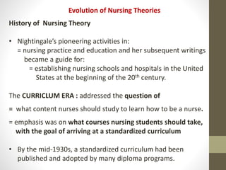 Evolution of Nursing Theories
History of Nursing Theory
• Nightingale’s pioneering activities in:
= nursing practice and education and her subsequent writings
became a guide for:
= establishing nursing schools and hospitals in the United
States at the beginning of the 20th century.
The CURRICLUM ERA : addressed the question of
= what content nurses should study to learn how to be a nurse.
= emphasis was on what courses nursing students should take,
with the goal of arriving at a standardized curriculum
• By the mid-1930s, a standardized curriculum had been
published and adopted by many diploma programs.
 