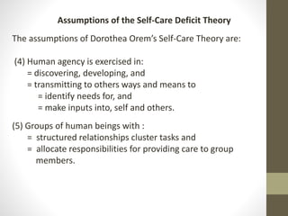 Assumptions of the Self-Care Deficit Theory
The assumptions of Dorothea Orem’s Self-Care Theory are:
(4) Human agency is exercised in:
= discovering, developing, and
= transmitting to others ways and means to
= identify needs for, and
= make inputs into, self and others.
(5) Groups of human beings with :
= structured relationships cluster tasks and
= allocate responsibilities for providing care to group
members.
 