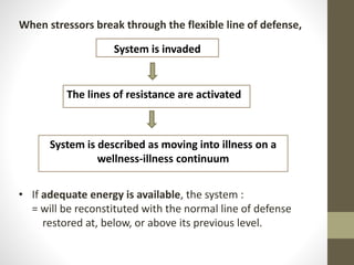 When stressors break through the flexible line of defense,
System is invaded
The lines of resistance are activated
System is described as moving into illness on a
wellness-illness continuum
• If adequate energy is available, the system :
= will be reconstituted with the normal line of defense
restored at, below, or above its previous level.
 