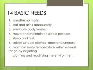 14 BASIC NEEDS
1. breathe normally.
2. eat and drink adequately.
3. eliminate body wastes.
4. move and maintain desirable postures.
5. sleep and rest.
6. select suitable clothes--dress and undress.
7. maintain body temperature within normal
range by adjusting
   clothing and modifying the environment.
 