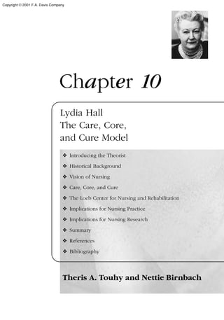 Chapter 10
Lydia Hall
The Care, Core,
and Cure Model
❖ Introducing the Theorist
❖ Historical Background
❖ Vision of Nursing
❖ Care, Core, and Cure
❖ The Loeb Center for Nursing and Rehabilitation
❖ Implications for Nursing Practice
❖ Implications for Nursing Research
❖ Summary
❖ References
❖ Bibliography
Theris A. Touhy and Nettie Birnbach
Copyright © 2001 F.A. Davis Company
 
