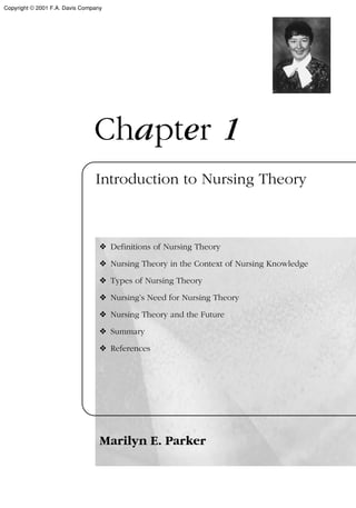 Chapter 1
Introduction to Nursing Theory
❖ Definitions of Nursing Theory
❖ Nursing Theory in the Context of Nursing Knowledge
❖ Types of Nursing Theory
❖ Nursing’s Need for Nursing Theory
❖ Nursing Theory and the Future
❖ Summary
❖ References
Marilyn E. Parker
Copyright © 2001 F.A. Davis Company
 