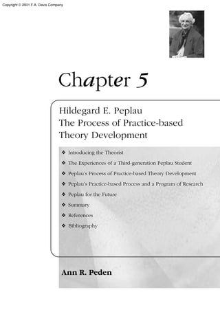 Chapter 5
Hildegard E. Peplau
The Process of Practice-based
Theory Development
❖ Introducing the Theorist
❖ The Experiences of a Third-generation Peplau Student
❖ Peplau’s Process of Practice-based Theory Development
❖ Peplau’s Practice-based Process and a Program of Research
❖ Peplau for the Future
❖ Summary
❖ References
❖ Bibliography
Ann R. Peden
Copyright © 2001 F.A. Davis Company
 