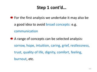Step 1 cont’d…
For the first analysis we undertake it may also be
a good idea to avoid broad concepts: e.g.
communication
...