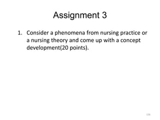 Assignment 3
1. Consider a phenomena from nursing practice or
a nursing theory and come up with a concept
development(20 p...