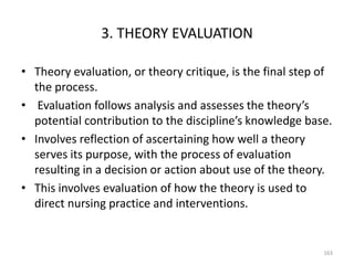 3. THEORY EVALUATION
• Theory evaluation, or theory critique, is the final step of
the process.
• Evaluation follows analy...