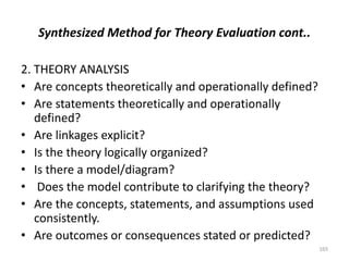 Synthesized Method for Theory Evaluation cont..
2. THEORY ANALYSIS
• Are concepts theoretically and operationally defined?...