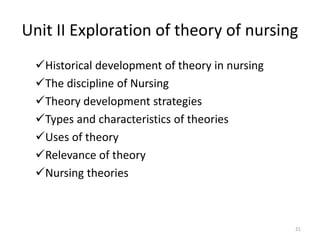 Unit II Exploration of theory of nursing
Historical development of theory in nursing
The discipline of Nursing
Theory d...
