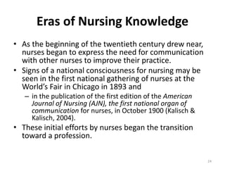 Eras of Nursing Knowledge
• As the beginning of the twentieth century drew near,
nurses began to express the need for comm...
