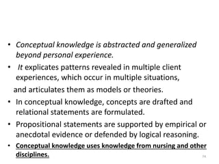 • Conceptual knowledge is abstracted and generalized
beyond personal experience.
• It explicates patterns revealed in mult...