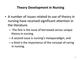 Theory Development in Nursing
• A number of issues related to use of theory in
nursing have received significant attention...
