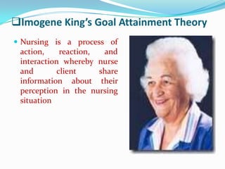 Imogene King’s Goal Attainment Theory
 Nursing is a process of
 action,     reaction,  and
 interaction whereby nurse
 and        client     share
 information about their
 perception in the nursing
 situation
 