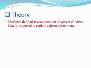  Theory
 Has been defined as a supposition or system of ideas
 that is proposed to explain a given phenomena.
 