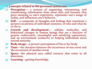  Concepts related to the personal system are:
a) Perception— a process of organizing, interpreting, and
     transforming information from sense data and memory that
     gives meaning to one's experience, represents one's image of
     reality, and influences one's behavior.
b)   Self— a composite of thoughts and feelings that constitute a
     person's awareness of individual existence, of who and what he
     or she is.
c)   Growth and development— cellular, molecular, and
     behavioral changes in human beings that are a function of
     genetic endowment, meaningful and satisfying experiences,
     and an environment conducive to helping individuals move
     toward maturity.
d)   Body image—a person's perceptions of his or her body.
e)   Time—the duration between the occurrence of one event and
     the occurrence of another event.
f)   Space—the physical area called territory that exists in all
     directions.
g)   Learning—gaining knowledge.
 