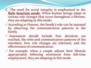 C. The need for social integrity is emphasized in the
  Role function mode. When human beings adapt to
  various role changes that occur throughout a lifetime,
  they are adapting in this mode.
 According to Hanson, the family’s role can be assessed
  by observing the communication patterns in the
  family.
 Assessment should include how decisions are
  reached, the roles and communication patterns of the
  members, how role changes are tolerated, and the
  effectiveness of communication.
 For example, when a couple adjusts their lifestyle
  appropriately following retirement from full-time
  employment, they are adapting in this mode.
 