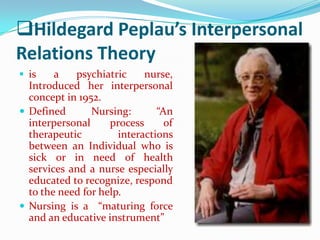 Hildegard Peplau’s Interpersonal
Relations Theory
 is    a   psychiatric     nurse,
  Introduced her interpersonal
  concept in 1952.
 Defined       Nursing:       “An
  interpersonal     process      of
  therapeutic         interactions
  between an Individual who is
  sick or in need of health
  services and a nurse especially
  educated to recognize, respond
  to the need for help.
 Nursing is a “maturing force
  and an educative instrument”
 