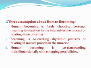 Three assumption about Human Becoming:
1. Human becoming is freely choosing personal
   meaning in situation in the intersubjective process of
   relating value priorities
2. becoming is co-creating rhythmic patterns or
   relating in mutual process in the universe
3. Human         becoming        is      co-transcending
   multidimensionally with emerging possibilities.
 