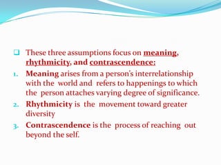  These three assumptions focus on meaning,
   rhythmicity, and contrascendence:
1. Meaning arises from a person’s interrelationship
   with the world and refers to happenings to which
   the person attaches varying degree of significance.
2. Rhythmicity is the movement toward greater
   diversity
3. Contrascendence is the process of reaching out
   beyond the self.
 