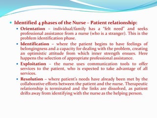  Identified 4 phases of the Nurse – Patient relationship:
    Orientation – individual/family has a “felt need” and seeks
     professional assistance from a nurse (who is a stranger). This is the
     problem identification phase.
    Identification – where the patient begins to have feelings of
     belongingness and a capacity for dealing with the problem, creating
     an optimistic attitude from which inner strength ensues. Here
     happens the selection of appropriate professional assistance.
    Exploitation – the nurse uses communication tools to offer
     services to the patient, who is expected to take advantage of all
     services.
    Resolution – where patient’s needs have already been met by the
     collaborative efforts between the patient and the nurse. Therapeutic
     relationship is terminated and the links are dissolved, as patient
     drifts away from identifying with the nurse as the helping person.
 
