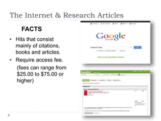 The Internet & Research Articles
• Hits that consist
mainly of citations,
books and articles.
• Require access fee.
(fees can range from
$25.00 to $75.00 or
higher)
FACTS
 