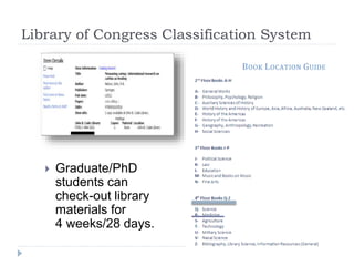 Library of Congress Classification System
 Graduate/PhD
students can
check-out library
materials for
4 weeks/28 days.
 