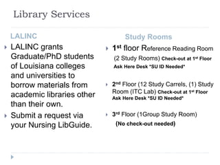 Library Services
LALINC
 LALINC grants
Graduate/PhD students
of Louisiana colleges
and universities to
borrow materials from
academic libraries other
than their own.
 Submit a request via
your Nursing LibGuide.
Study Rooms
 1st floor Reference Reading Room
(2 Study Rooms) Check-out at 1st Floor
Ask Here Desk *SU ID Needed*
 2nd Floor (12 Study Carrels, (1) Study
Room (ITC Lab) Check-out at 1st Floor
Ask Here Desk *SU ID Needed*
 3rd Floor (1Group Study Room)
(No check-out needed)
 