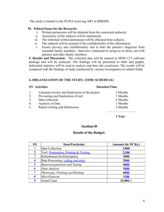 The study is limited to the PLWA receiving ART at BPKIHS.
M. Ethical Issues for the Research:
i. Written permission will be obtained from the concerned authority.
ii. Anonymity of the subjects will be maintained.
iii. The informed written permission will be obtained from subjects.
iv. The subjects will be assured of the confidentiality of the information.
v. Ensure privacy and confidentiality and to hide the patient’s diagnosis from
extended family members. Interview conducted in caregiver in alone, not with
patients and other family members.
5. Results and Discussion: The collected data will be entered in SPSS-12.5 software
package and will be analyzed. The findings will be presented in table and graphs.
Inferential statistics will be used to analyze and draw the conclusion. The results will be
compared with the findings of study conducted by various investigators on related fields.
6. ORGANIZATION OF THE STUDY: (TIME SCHEDULE)
SN Activities
1.
2.
3.
4.
5.

Duration/Time

Literature review and finalization of the project
Pre-testing and finalization of tool
Data collection
Analysis of Data
Report writing and Submission

2 Months
1 Months
6 Months
1 Months
2 Months
……………………….
1 Year

Section-D
Details of the Budget:
SN
1
2
3
4
5
6
7
8
9

Item/Particular
Data Collection
Tool: Preparation, Printing & Testing.
Refreshment for Participants
Data Processing: coding and entry
Report preparation and Typing
Data Analysis
Photocopy, Printing and Binding
Miscellaneous
Grand Total

Amount (In NP Rs.)
3,000
2,500
3000
2000
4000
3000
6000
1500
25,000 /-

6

 