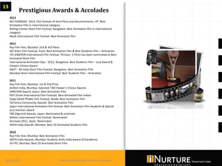 13
            Prestigious Awards & Accolades
     2013
     6th FILMSAAZ- 2013, Film festival of short films and documentaries, UP: Best
     Animation Film in international category
     Rolling Frames Short Film Festival, Bangalore: Best Animation film in international
     category
     Nasik International Film Festival: Best Animation film

     2012
     Ray Film Fest, Mumbai: 2nd & 3rd Place
     SID Short Film Festival, Pune: Best Animation Film & Best Students Film – Animation
     7th ViBGYOR International Film Festival, Thrissur: 2 Films has been nominated as Best
     Animated Short Film
     International Animation Day – 2012, Bangalore: Best Students Film – Jury Award &
     Viewers Choice Award
     NACT - All India Short Film Festival, Bangalore: Best Animation Film
     Mumbai Short International Film Festival: Best Students Film – Animation

     2011
     Ray Film Fest, Mumbai: 1st & 2nd Prize
     Anifest India, Mumbai: Selected TASI Viewer's Choice Awards
     SANCHAR Award, Jaipur: Best Animation Film
     PIFF (Pune International Film Festival): Best Animated Film Indian
     Dada Saheb Phalke Film Festival, Noida: Best Animation Film
     CGTantra Community Awards: Best Animation Film
     Jaipur International Animation film festival: Best Animation Film-Students & Special
     jury mention award
     TBS Digicon6 Awards, Japan: Nominated & screened
     Athens International Film Festival: Nominated
     Animayo 2011, Spain: Nominated
     ASIFA India Awards, Mumbai: Best 2D Animated Students Film

     2010
     Ray Film Fest, Mumbai: Best Animation Film
     ASIFA India Awards, Mumbai: Students Asifa India Award of Excellence
     24 FPS, Mumbai: Best 2D Animated Short Film




 March 2013                                  Private & confidential. Not for circulation
 