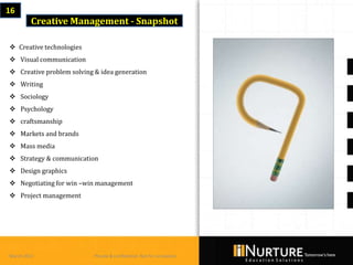 16
         Creative Management - Snapshot

 Creative technologies
 Visual communication
 Creative problem solving & idea generation
 Writing
 Sociology
 Psychology
 craftsmanship
 Markets and brands
 Mass media
 Strategy & communication
 Design graphics
 Negotiating for win –win management
 Project management




March 2013                 Private & confidential. Not for circulation
 