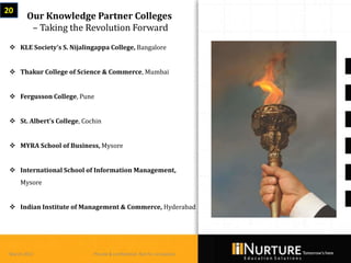 20
        Our Knowledge Partner Colleges
         – Taking the Revolution Forward
  KLE Society’s S. Nijalingappa College, Bangalore


  Thakur College of Science & Commerce, Mumbai


  Fergusson College, Pune


  St. Albert’s College, Cochin


  MYRA School of Business, Mysore


  International School of Information Management,
     Mysore


  Indian Institute of Management & Commerce, Hyderabad




 March 2013                 Private & confidential. Not for circulation
 