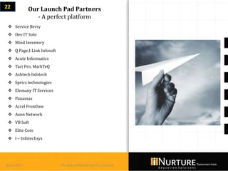 22           Our Launch Pad Partners
                - A perfect platform
  Service Berry
  Dev IT Soln
  Mind Inventory
  Q Page,I-Link Infosoft
  Acute Informatics
  Tact Pro, MarkTeQ
  Ashtech Infotech
  Sprics technologies
  Elemany IT Services
  Panamax
  Accel Frontline
  Axon Network
  VB Soft
  Elite Core
  I – Infotechsys




March 2013                  Private & confidential. Not for circulation
 