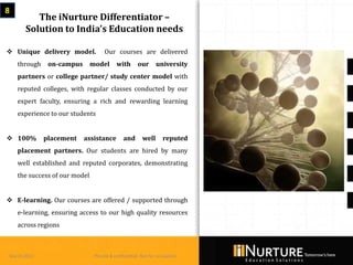 8
         The iNurture Differentiator –
      Solution to India’s Education needs

 Unique delivery model.             Our courses are delivered
    through    on-campus       model       with       our       university
    partners or college partner/ study center model with
    reputed colleges, with regular classes conducted by our
    expert faculty, ensuring a rich and rewarding learning
    experience to our students


 100%        placement    assistance          and       well      reputed
    placement partners. Our students are hired by many
    well established and reputed corporates, demonstrating
    the success of our model


 E-learning. Our courses are offered / supported through
    e-learning, ensuring access to our high quality resources
    across regions



March 2013                      Private & confidential. Not for circulation
 